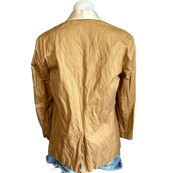 Italian Tuxedo Blazer Large Luxury Crinkle Boxy Khaki Brown Cotton Designer $298 - Picture 3 of 7